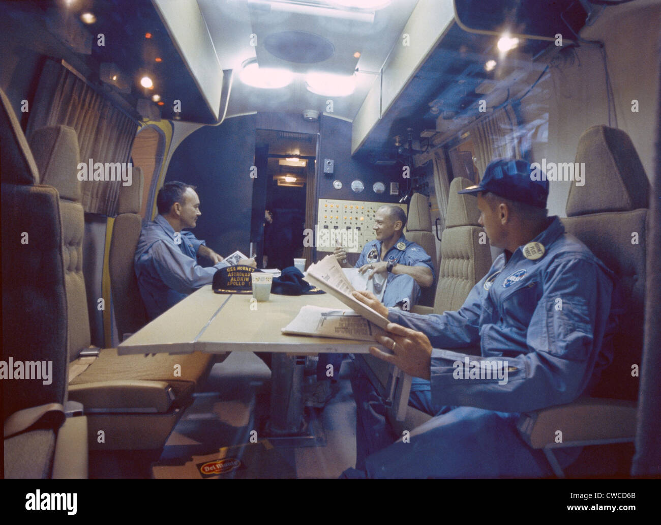 Apollo 11 Astronauts in quarantine trailer on the USS Hornet. While considered a very remote possibility, the quarantine would Stock Photo