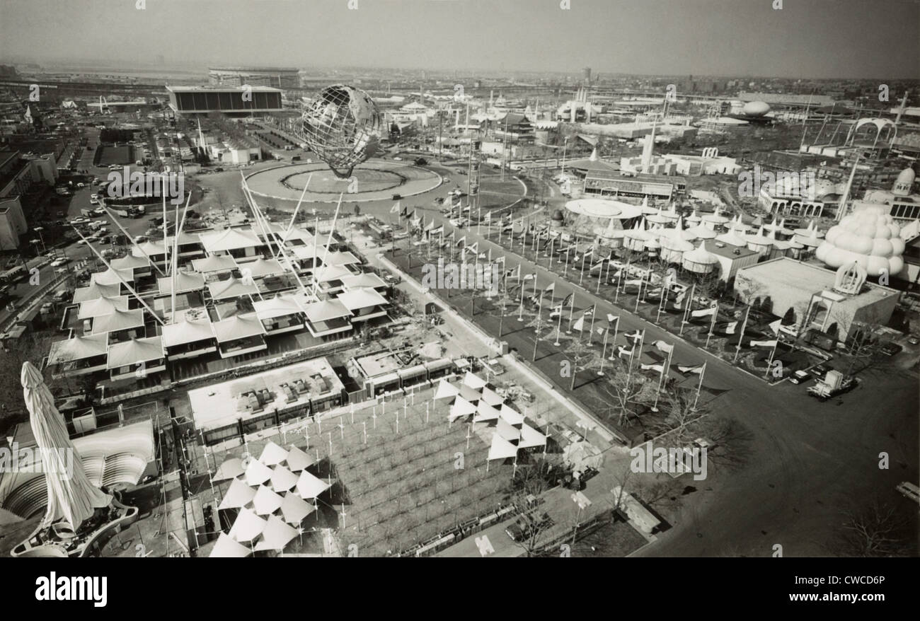 Aerial view of Unisphere and other exhibits at New York World's Fair in 1964. In the far background is the then new Shea Stock Photo