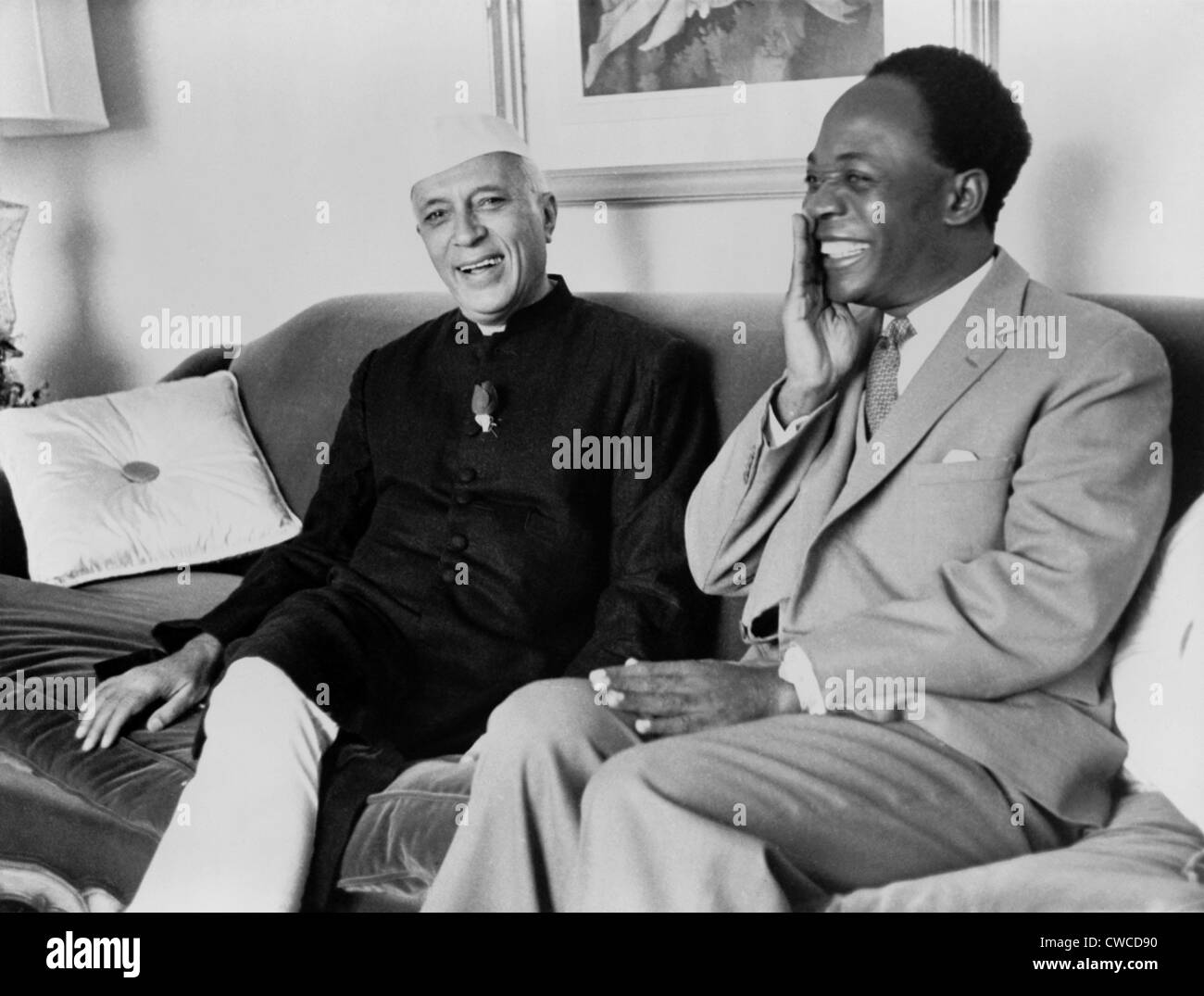 Indian Prime Minister Nehru and Ghana Premier Nkrumah at the Hotel Carlyle, New York City in 1960. In the following year, the Stock Photo