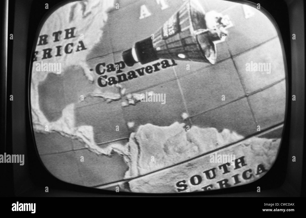 Television screen animation of John Glenn's Friendship 7 space capsule approaching North America, during his three orbit space Stock Photo