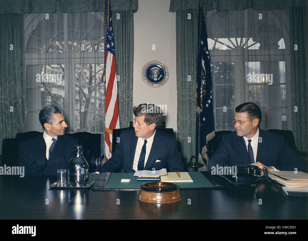 Mohammad Reza Shah Pahlavi, meeting with President Kennedy and Robert McNamara. April 13, 1962. Stock Photo
