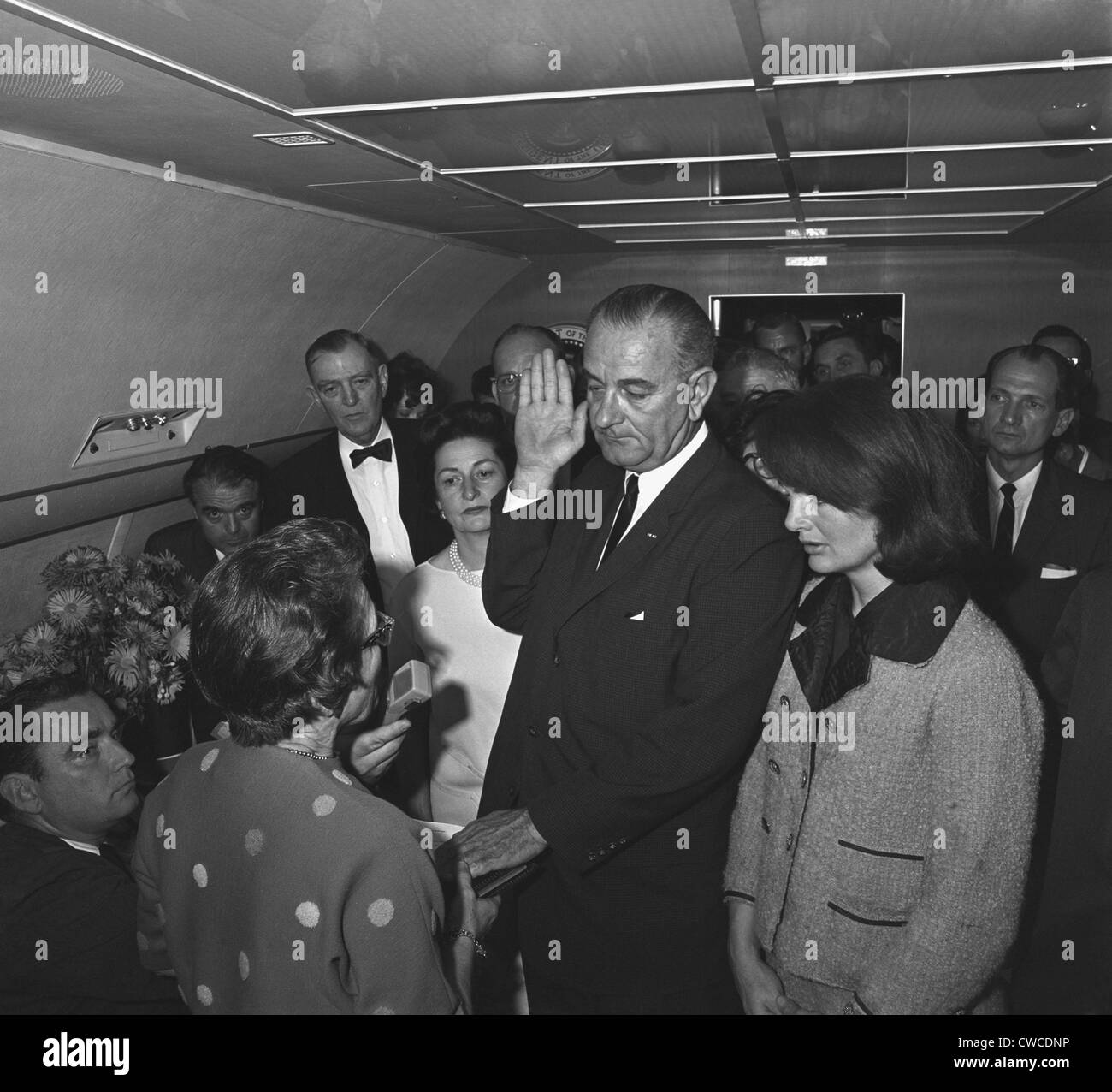 Lyndon Johnson takes the Oath of Office after Kennedy's assassination. This full frame high resolution digital image reveals Stock Photo