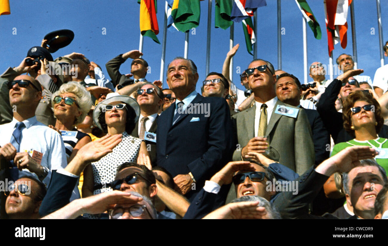 Moon launch. Vice President Spiro Agnew and former President Lyndon B. Johnson view the liftoff of Apollo 11 at Kennedy Space Stock Photo