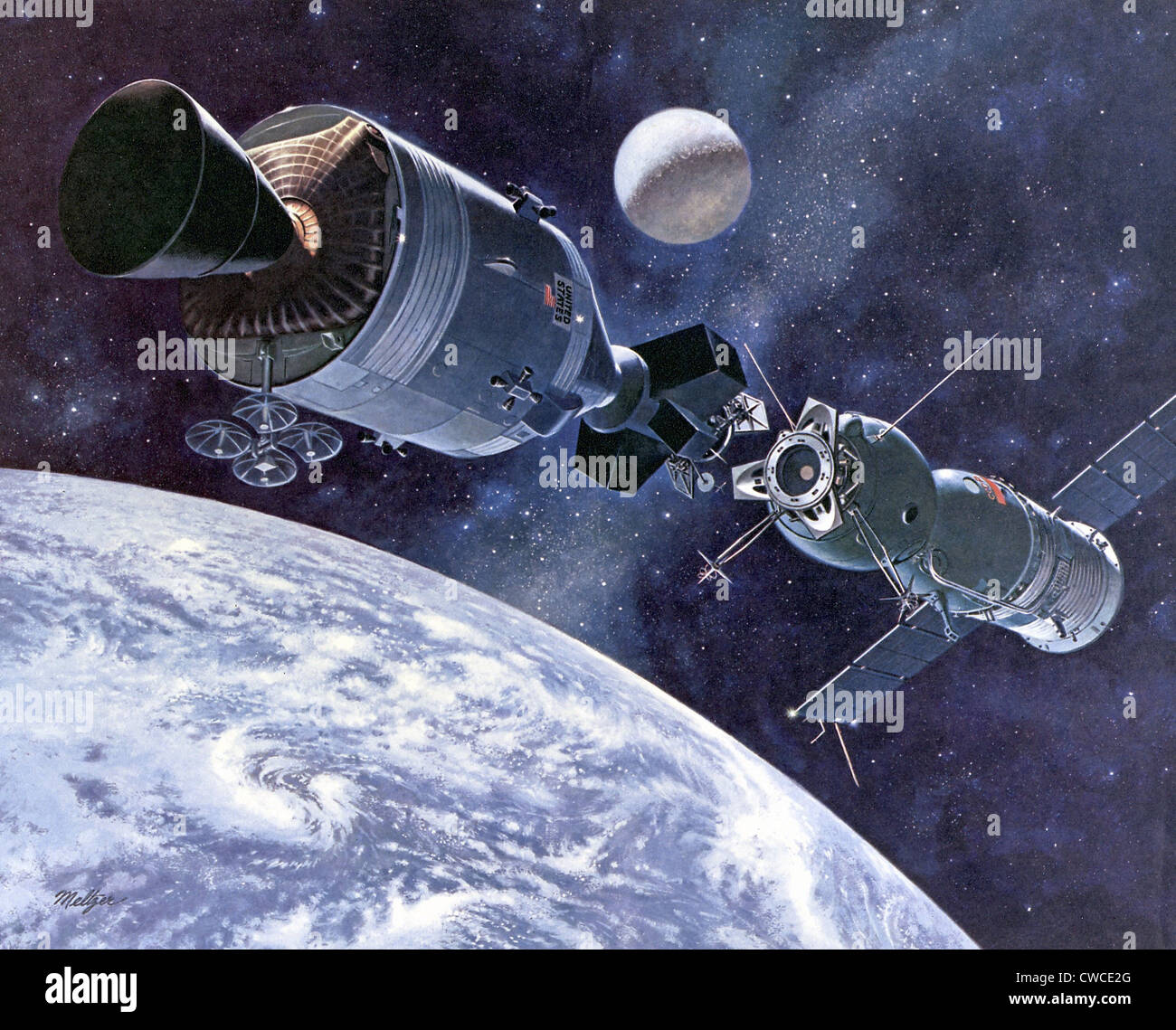 Painting of Apollo-Soyuz Test Project, the first international docking of the US's Apollo capsule and the USSR's Soyuz Stock Photo