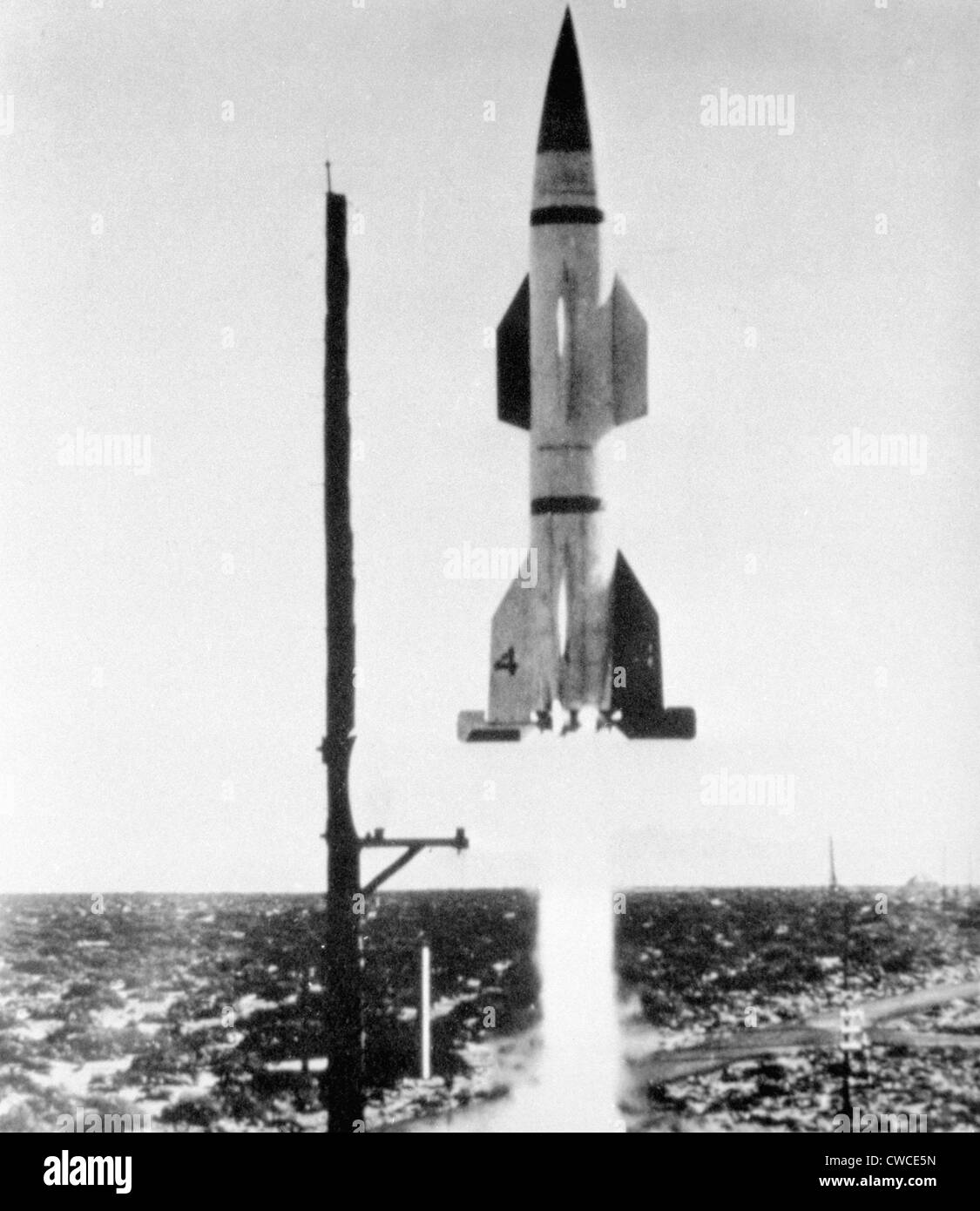 Launch of the first Hermes A-1 rocket at White Sand Proving Ground. It combined the Herman V-2 exterior shape with entirely new Stock Photo