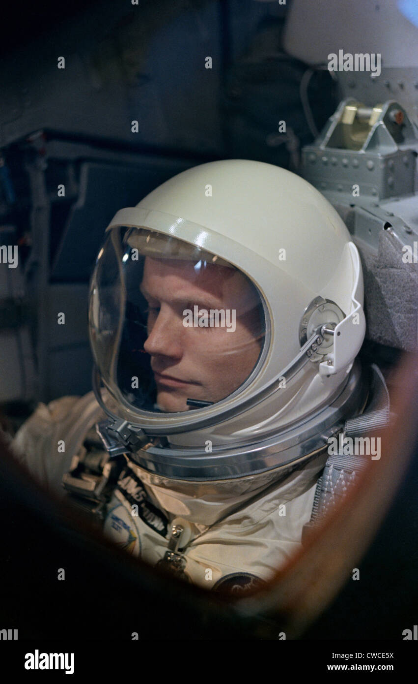 Astronaut Neil Armstrong before the launch of the Gemini 8 mission. Armstrong performed emergency procedures when a Stock Photo