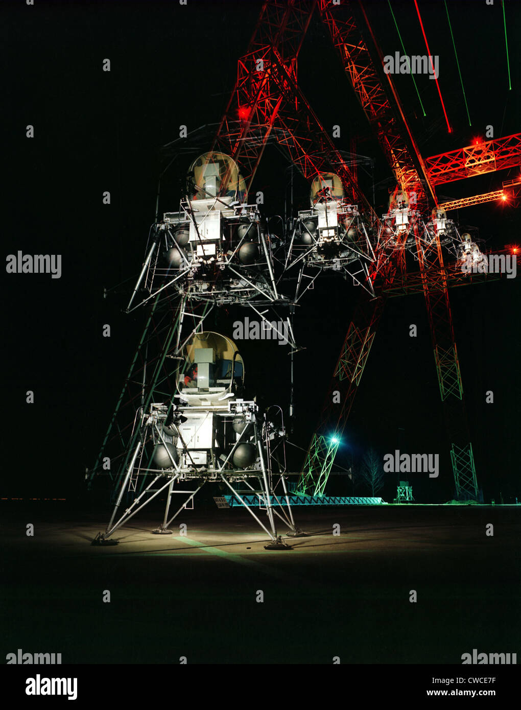 Multiple exposure of a simulated Moon landing of the Lunar Lander at NASA's Langley's Research Facility. April 11, 1967. Stock Photo