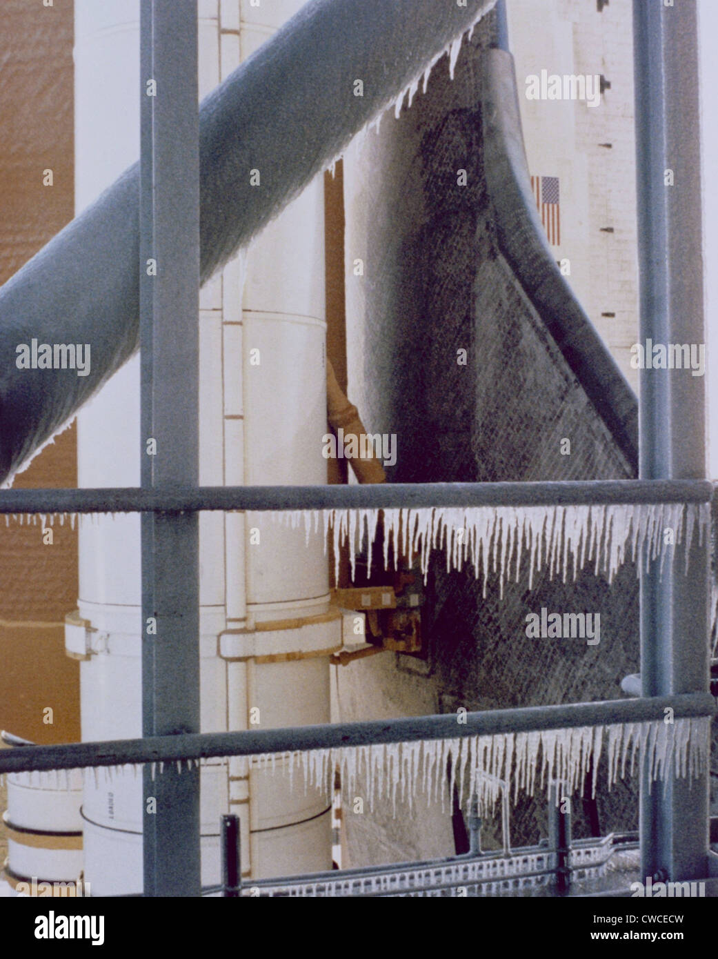 Space shuttle Challenger disaster. Icicles at the launch in the early morning hours on January 28, 1986. The cold caused a Stock Photo