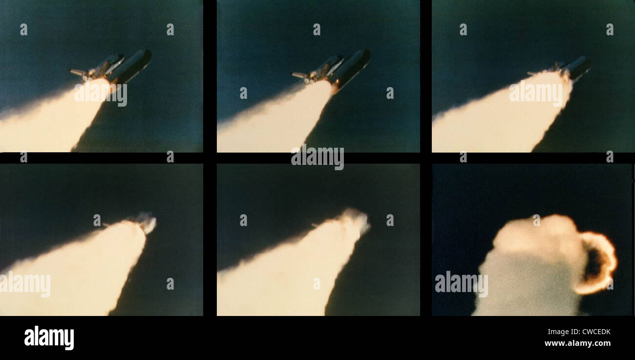 Space shuttle Challenger disaster. Six image sequence of the Challenger explosion in progress from 58.8 to 109.6 seconds after Stock Photo