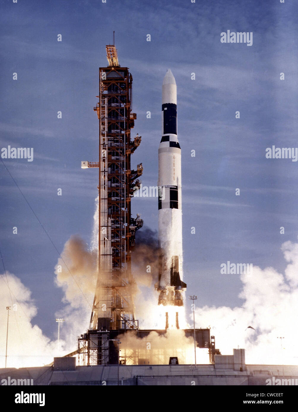 Launch of Skylab on a two-stage Saturn V missile. The unmanned launch carried the Worlds first space station into Earth Orbit. Stock Photo