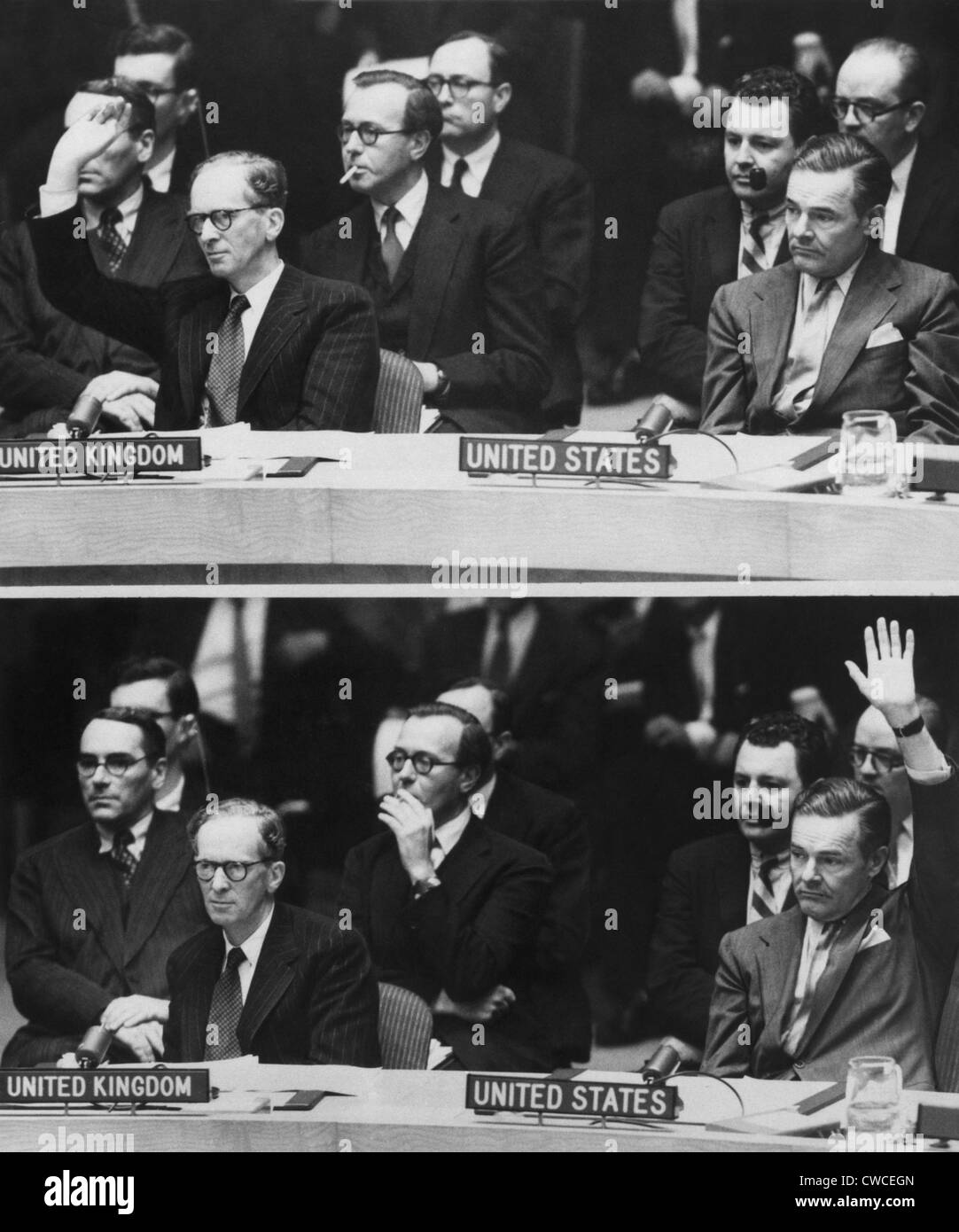 The 1956 Suez Crisis strains Anglo-American relations. TOP: Great Britain's Sir Pierson Dixon voting against a UN resolution Stock Photo