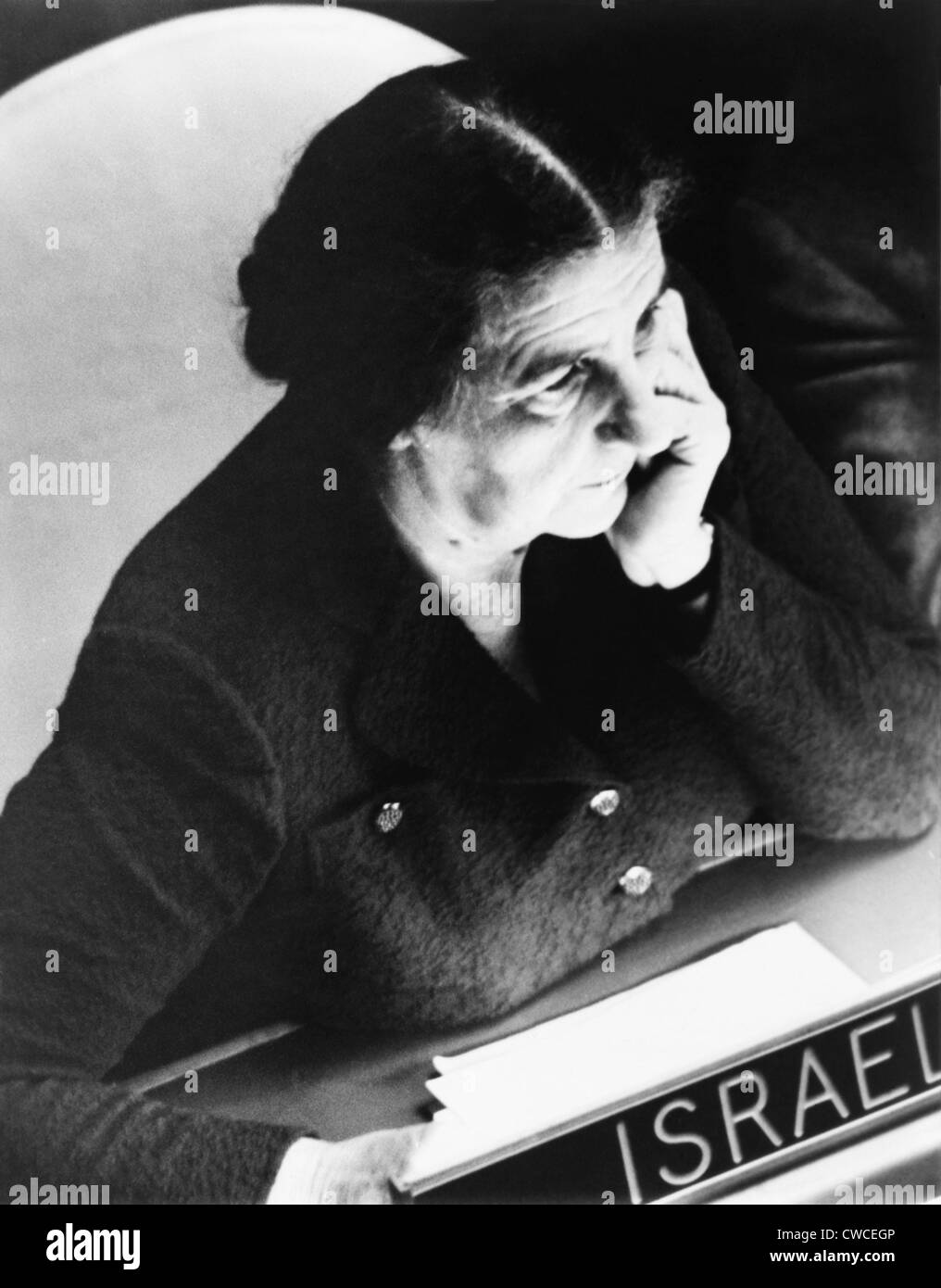 Golda Meir, Israel's foreign minister, listens as an anti-Israel resolution of six Arab and Asian nations is presented to the Stock Photo