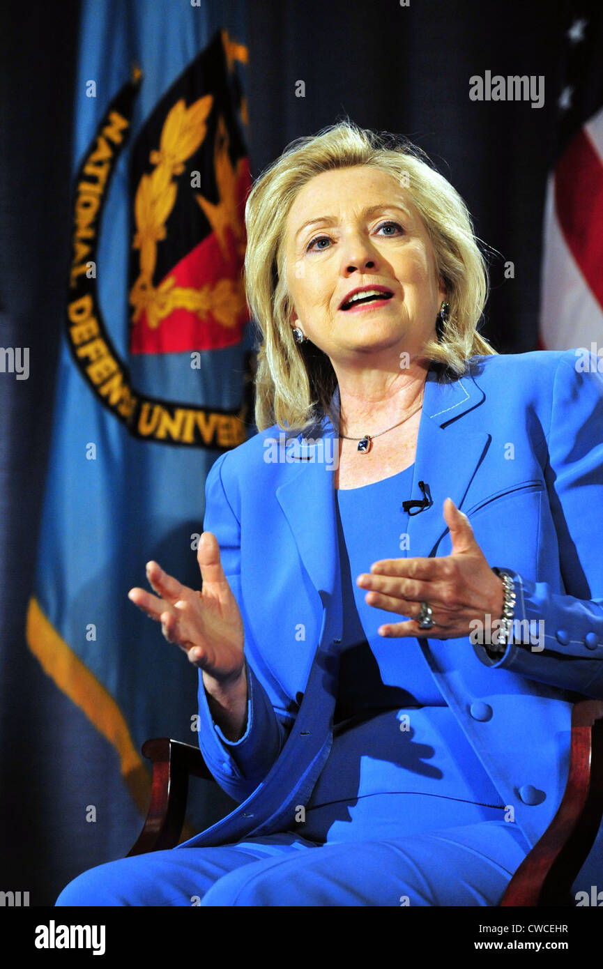 Hillary Clinton, US Secretary of State, speaking at George Washington University, on August 16, 2011 Stock Photo