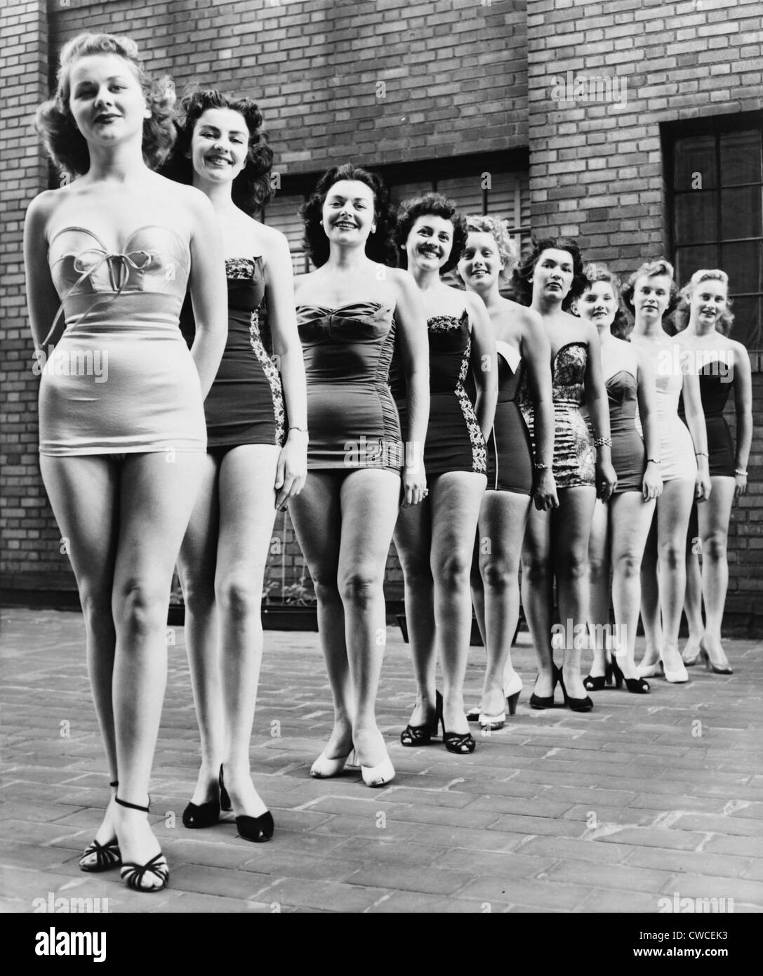 Miss New York City beauty contestants line up atop a city hotel in 1952. Stock Photo