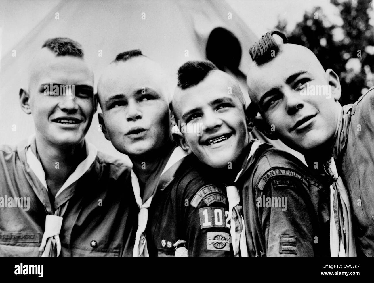 California Boy Scouts with Mohawk haircuts. They were attending a Boy Scout jamboree at Valley Forge, Pennsylvania. 1950. Stock Photo