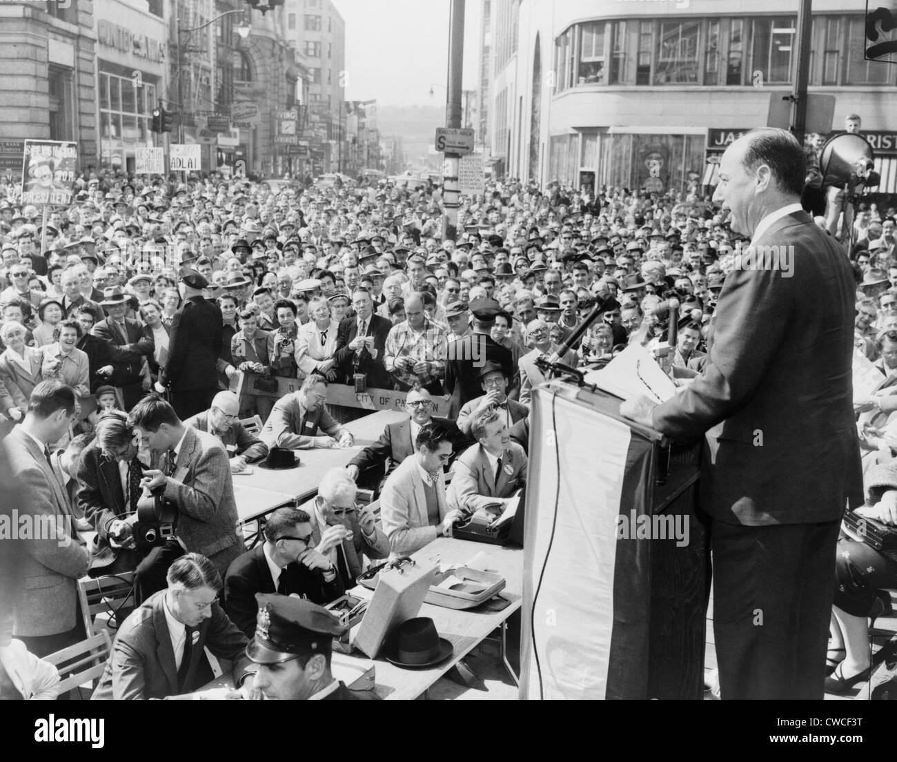 1956 Democratic Presidential nominee Adlai Stevenson, speaking to a crowd at Paterson, New Jersey. Even after his second defeat Stock Photo