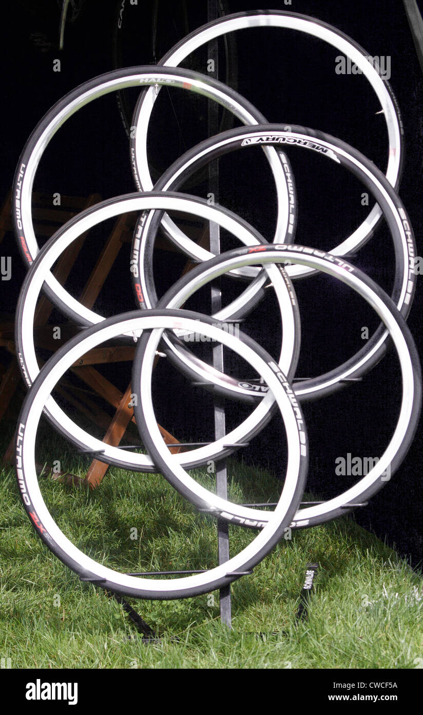 A display of bicycle wheel rims at the 2012 Bike Blenheim Palace Festival Stock Photo