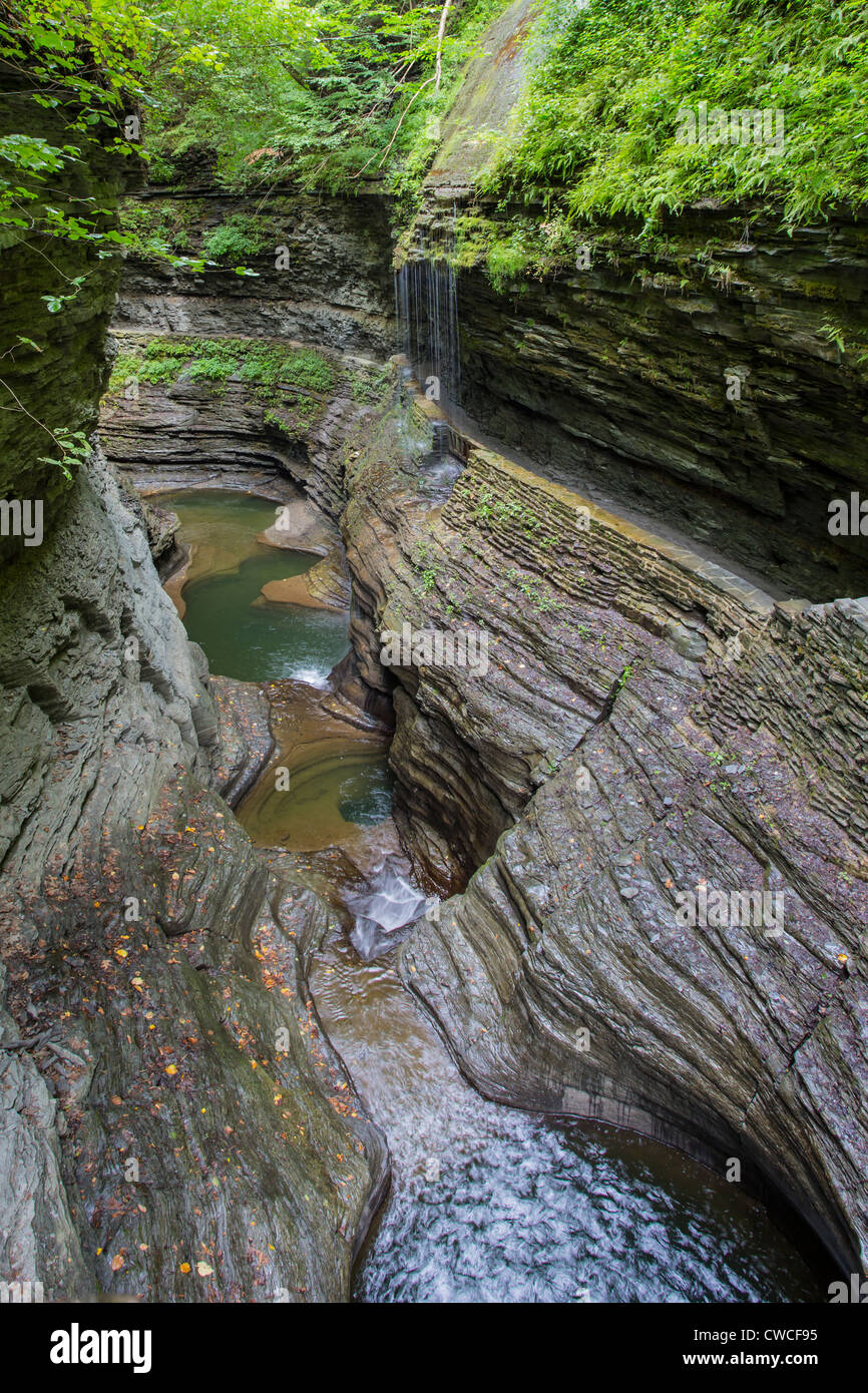 Steep rocky gorge and waterfalls in Watkins Glen State Park in the Finger Lakes region of New York State Stock Photo