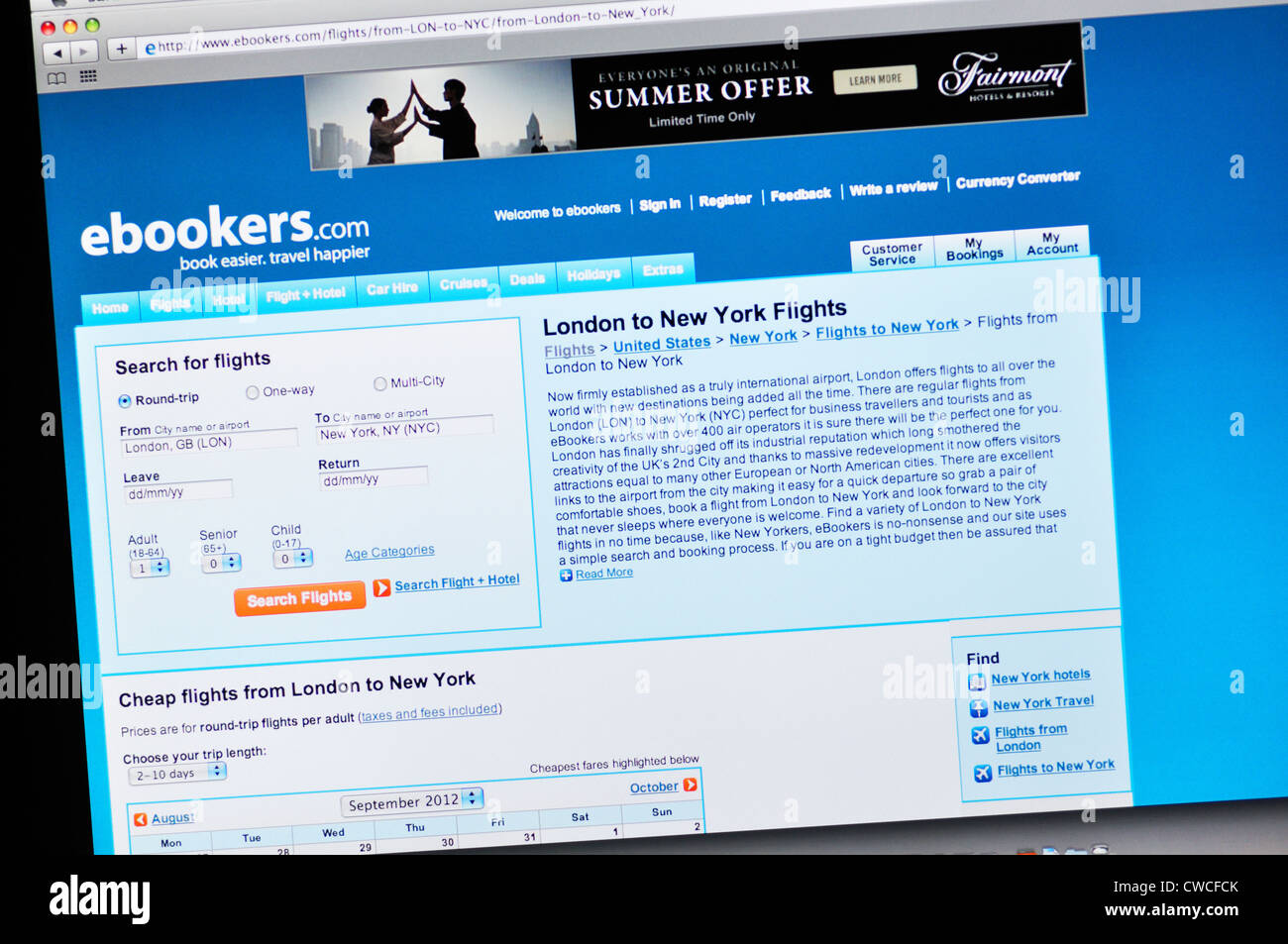 Ebookers website - travel planning and booking Stock Photo