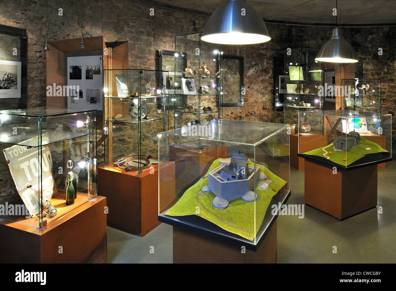 Displays in exposition room of the medieval castle Château de Franchimont at Theux in the Belgian Ardennes, Belgium Stock Photo