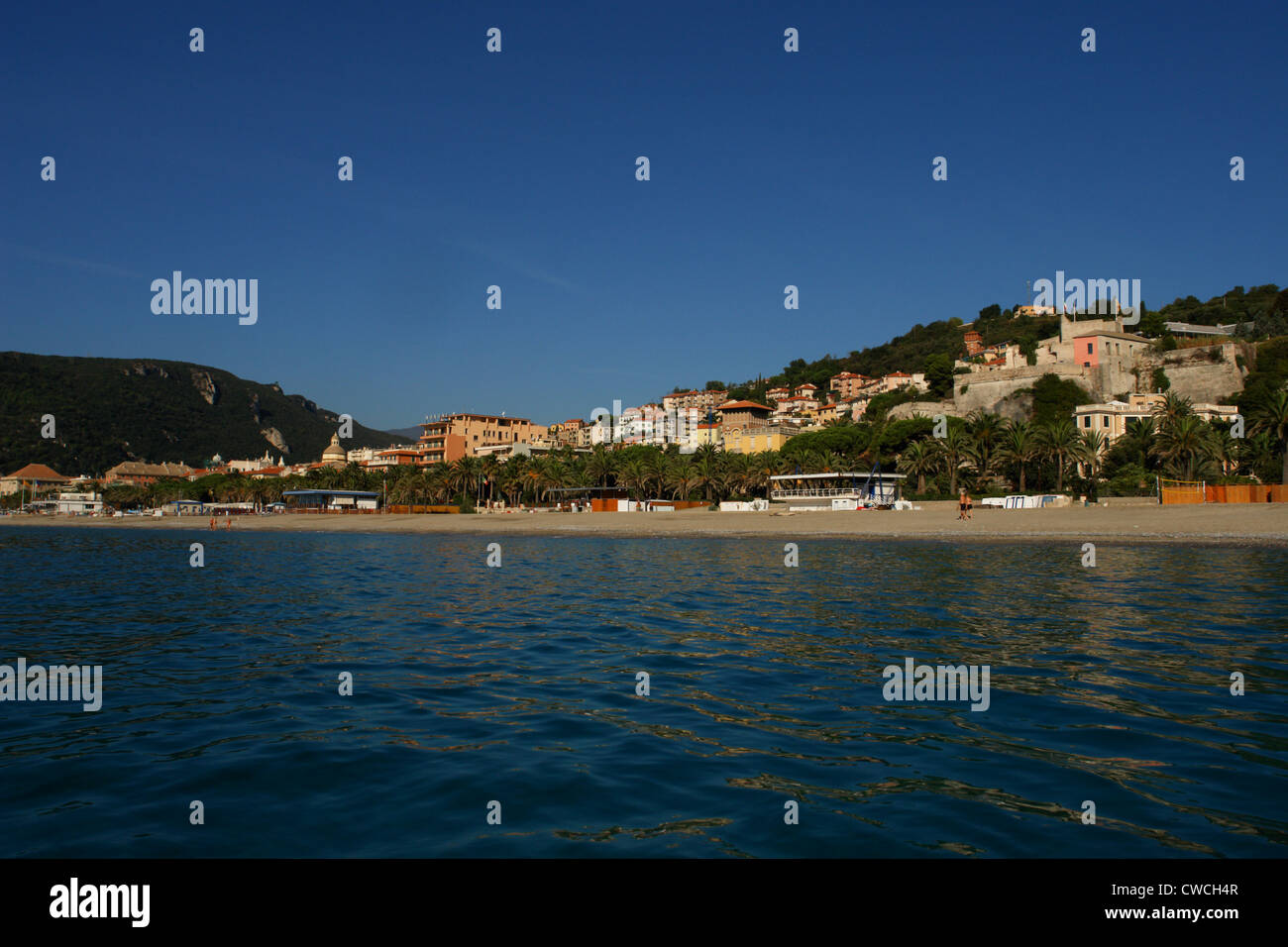 Coast of Finale Ligure /Finalpia Riviera seen from a boat. Stock Photo