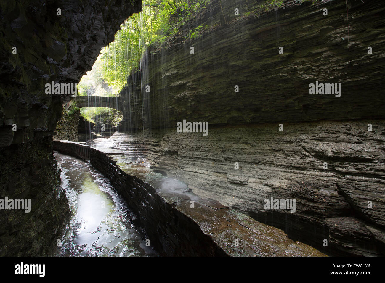 Steep rocky gorge and waterfalls in Watkins Glen State Park in the Finger Lakes region of New York State Stock Photo