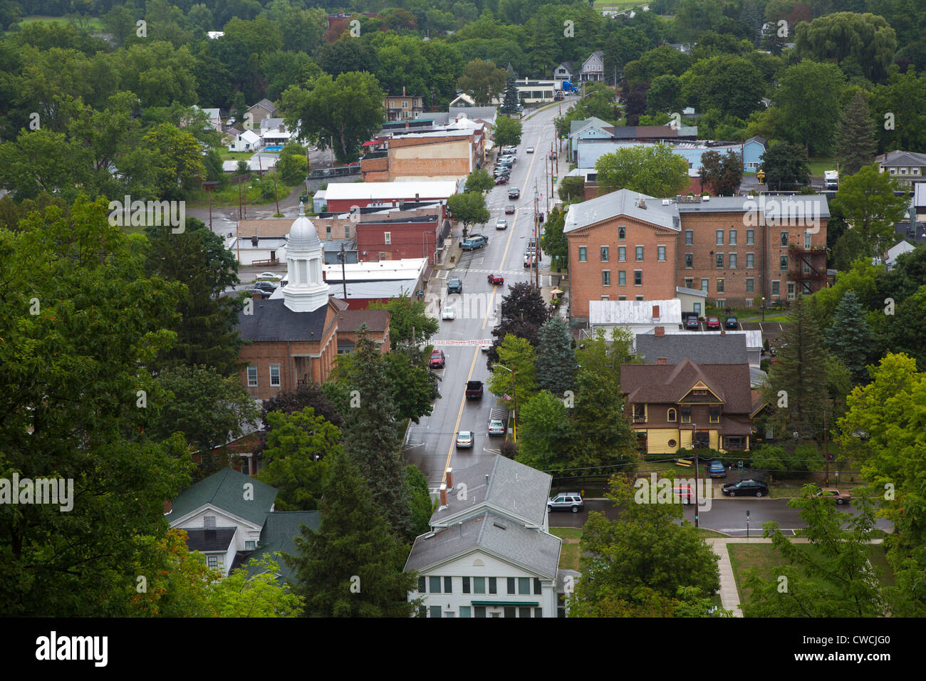 Aerial view of the village of Montour Falls in the Finger Lakes region
