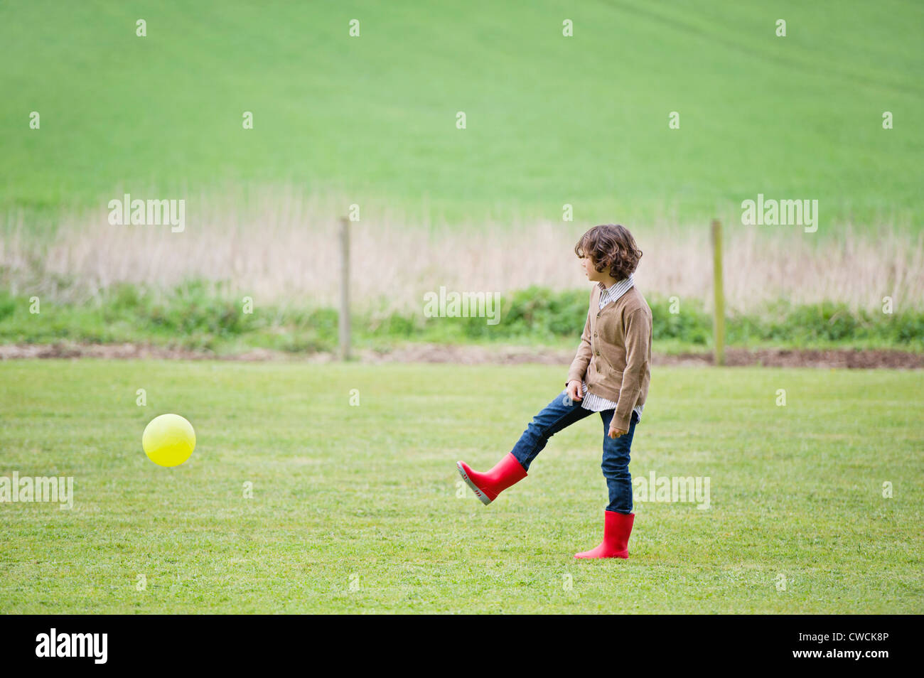 Boy playing with a ball in a field Stock Photo - Alamy