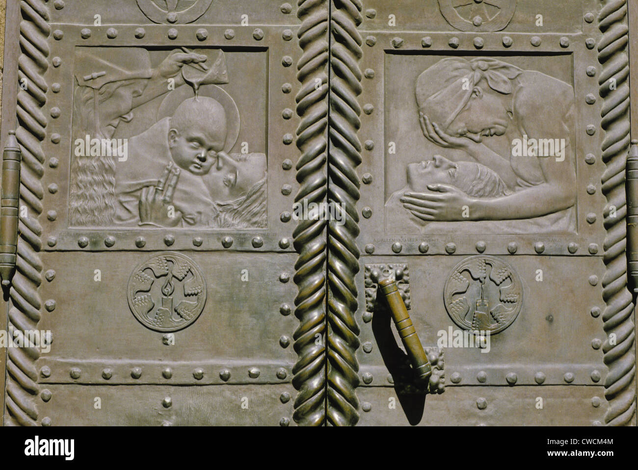 Metal doors with relief sculpture on the 1903 Juselius Mausoleum located in Pori, Finland Stock Photo