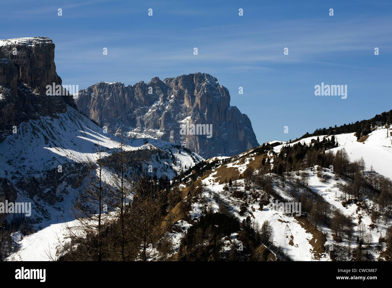 The Sasso  Piatto  Plattkofel Sassolungo,  Langkofel  looking up the valley from Colfosco Dolomites Italy Stock Photo