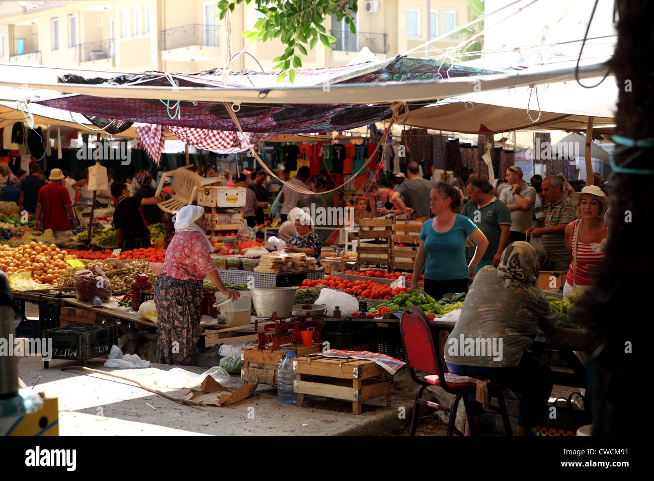 View of Turkish market in Koycegiz, a town near Dalyan ...