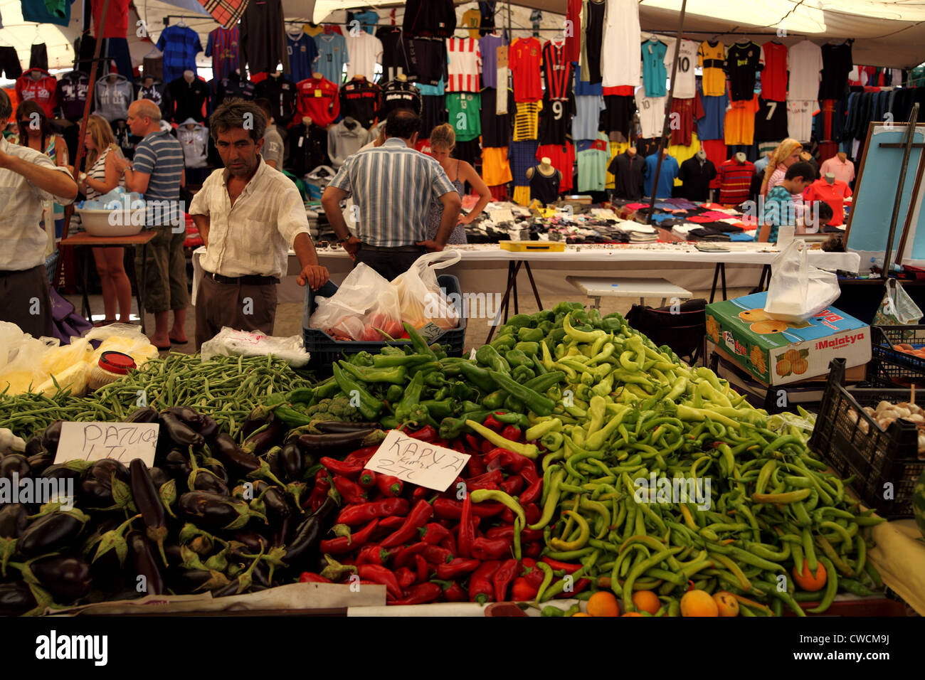 View of Turkish market in Koycegiz, a town near Dalyan, Turkey, man waiting Stock Photo