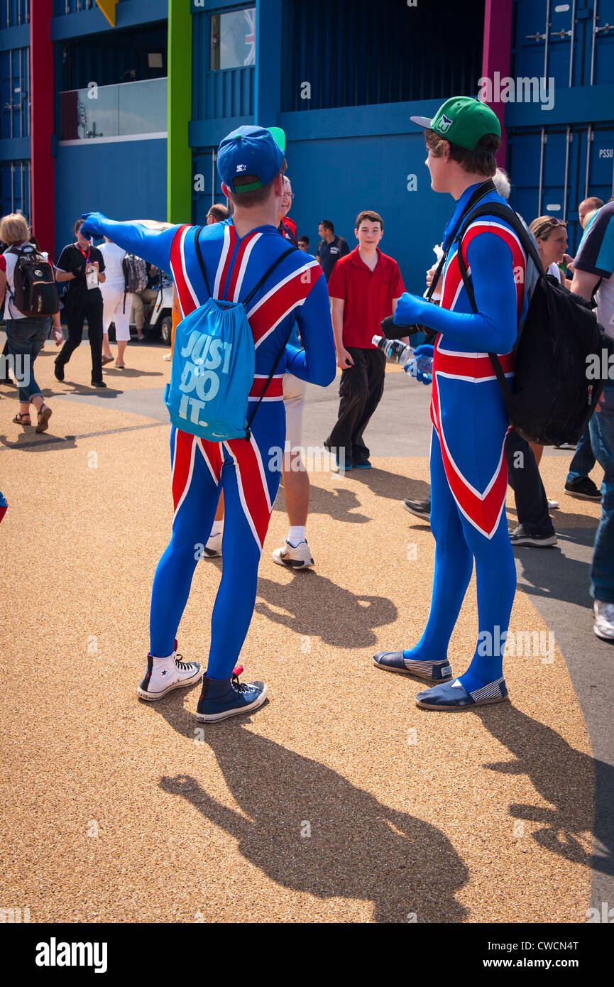 London 2012 Stratford Olympic Park two 2 young boys lads in Union Jack flag full body Zentai suit bodysock bodysuit catsuit Stock Photo