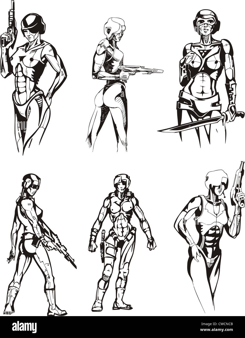 Amazon Cyborgs. Set of black and white vector illustrations. Stock Photo