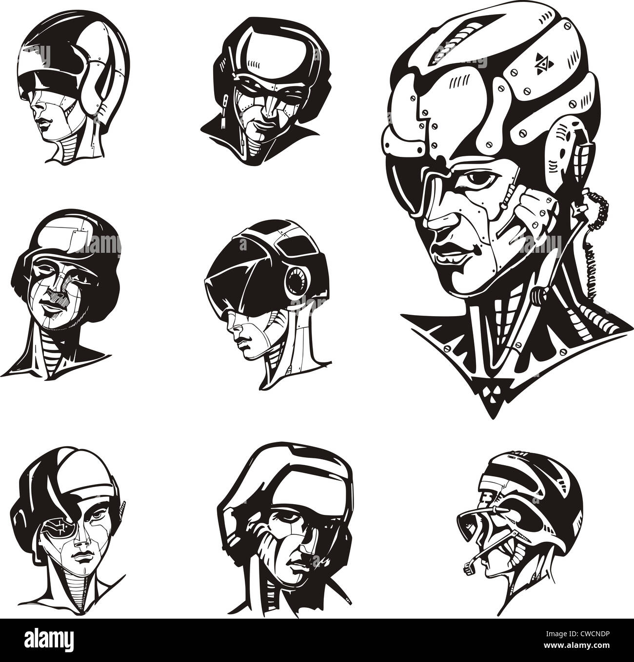 Heads of cyborg women. Set of black and white vector illustrations. Stock Photo
