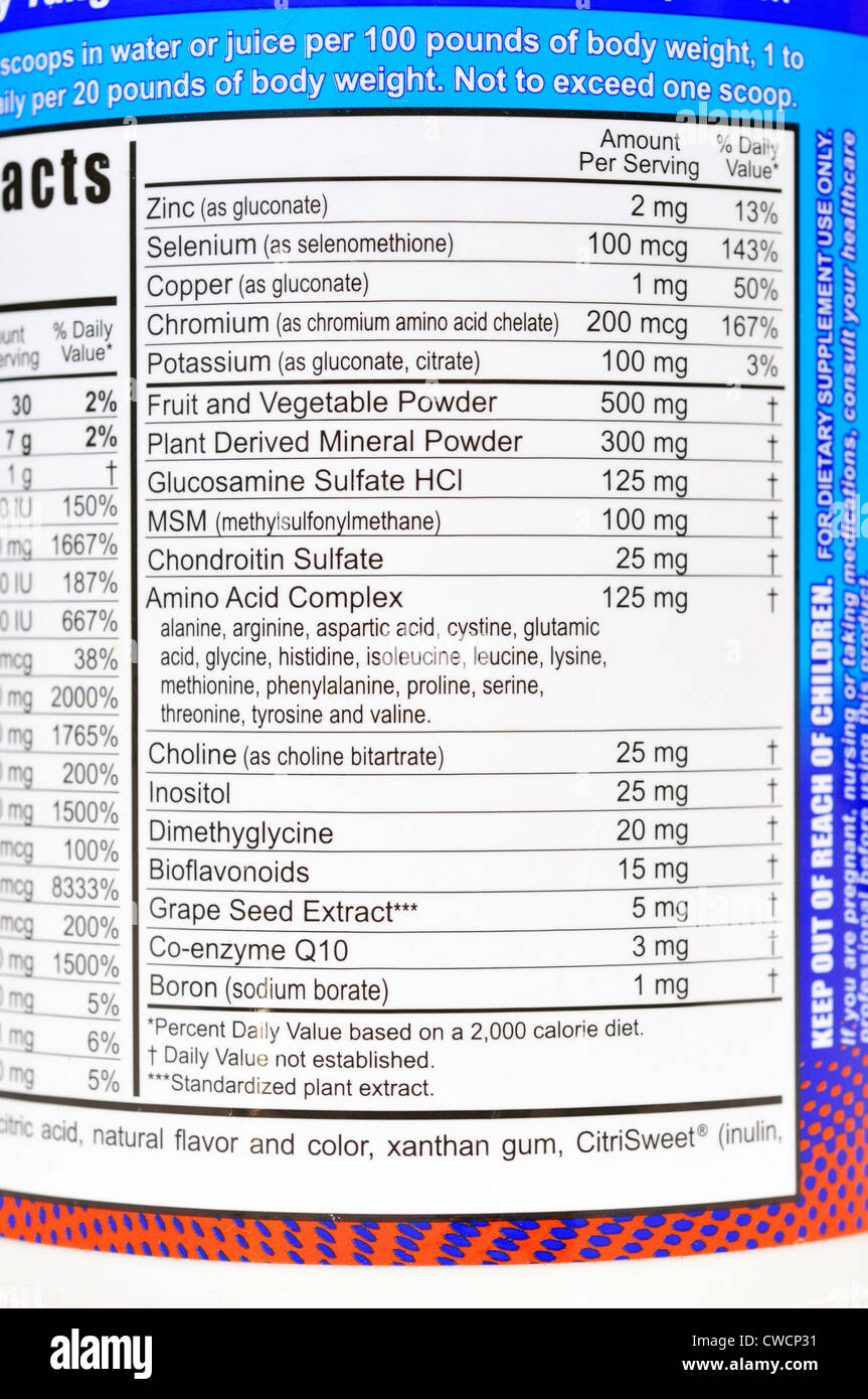 Minerals supplement ingredient list on vitamin drink package Stock