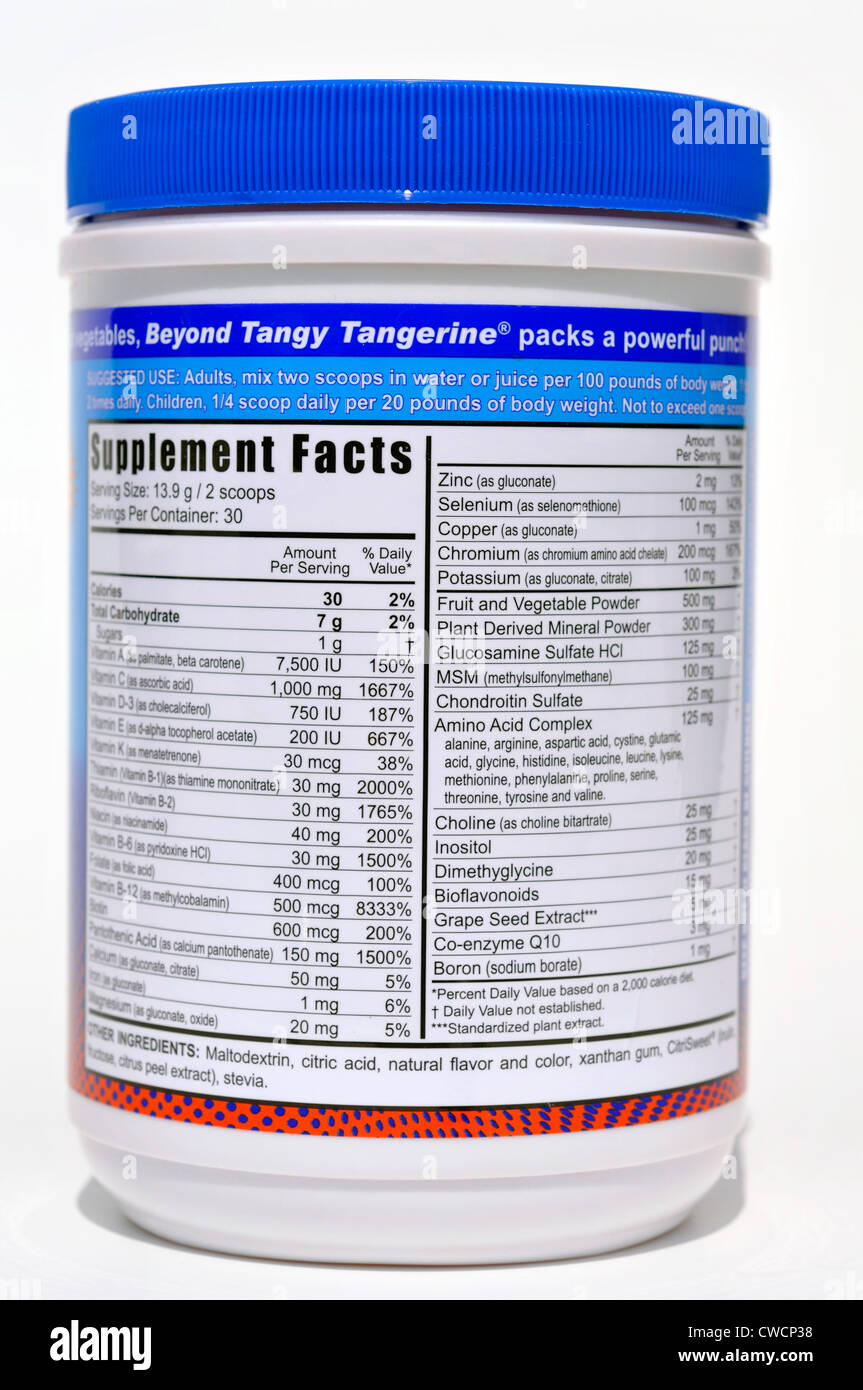 Vitamin and mineral supplement ingredient list on vitamin drink package