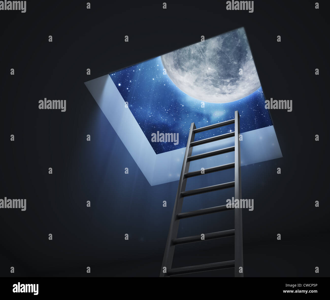 A ladder leading to an opening with visible night sky with the Moon and stars Stock Photo