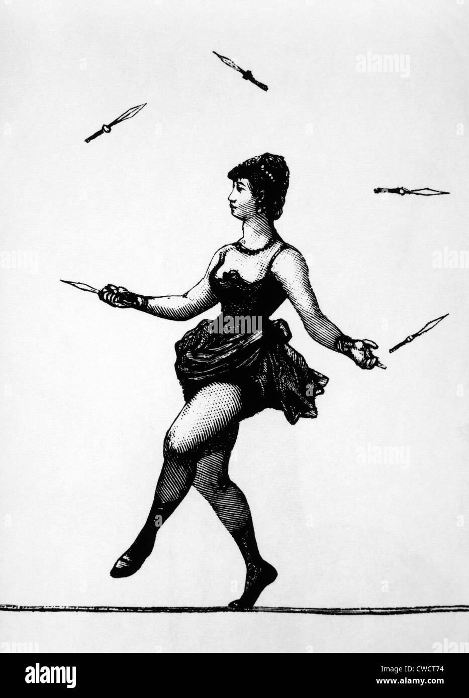 Woman Juggling Knives While Walking Tightrope, 19th Century Woodcut Stock Photo