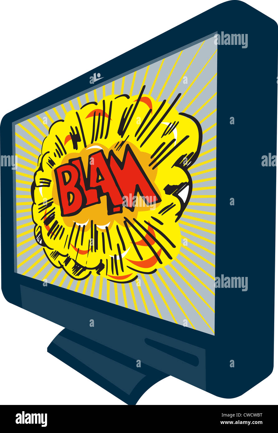 Illustration of an LCD Plasma television TV set on isolated white background with cartoon style explosion and text word blam. Stock Photo