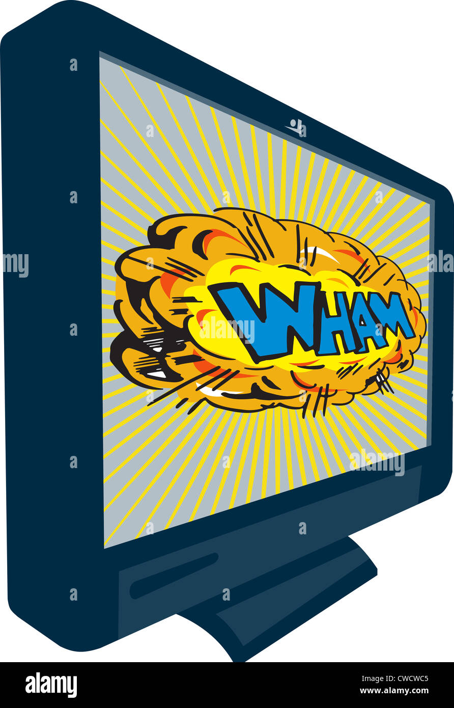 Illustration of an LCD Plasma television TV set on isolated white background with cartoon style explosion and text word wham. Stock Photo
