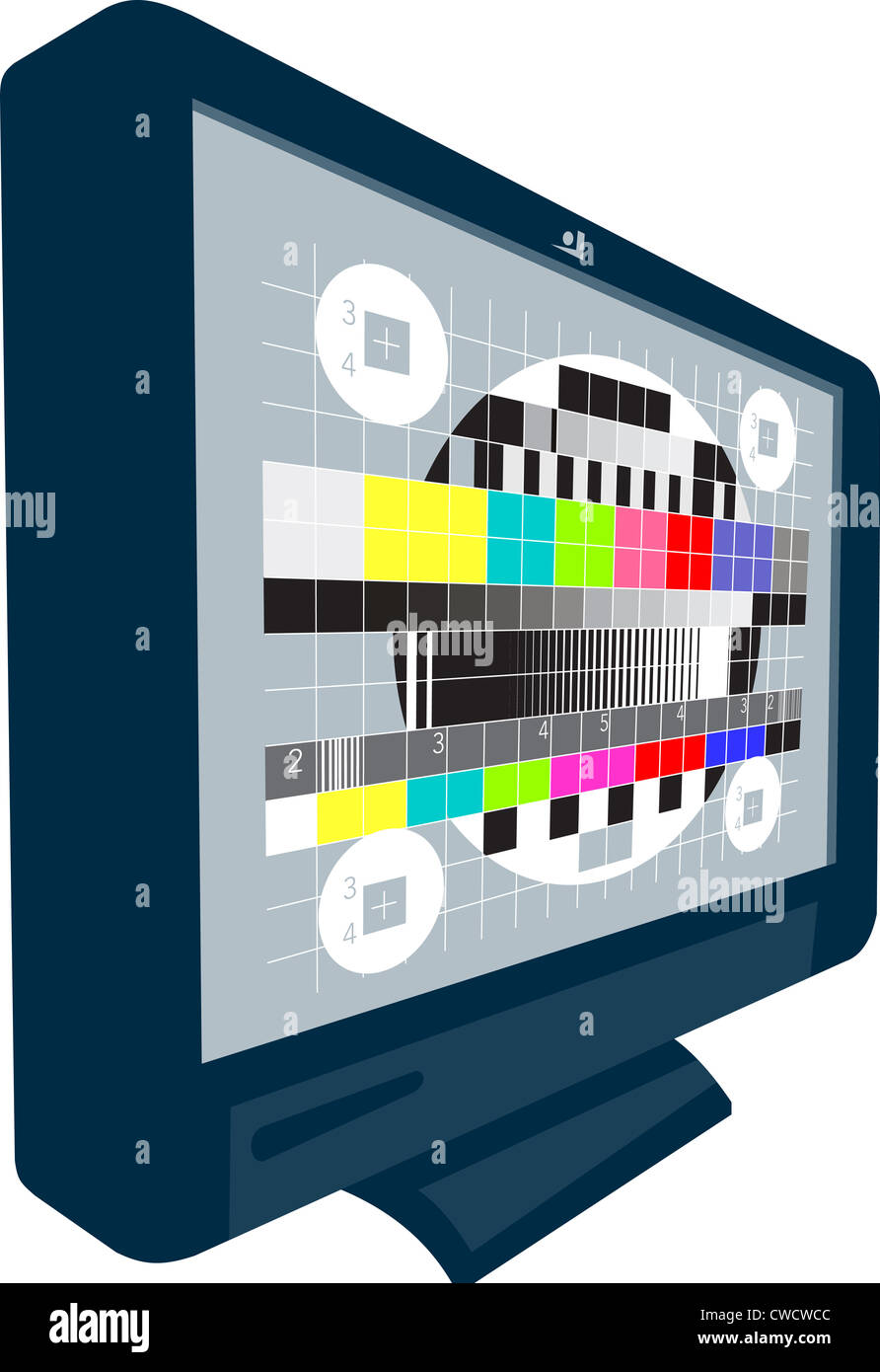 Illustration of an LCD Plasma television TV set on isolated white background. with test signal pattern. Stock Photo