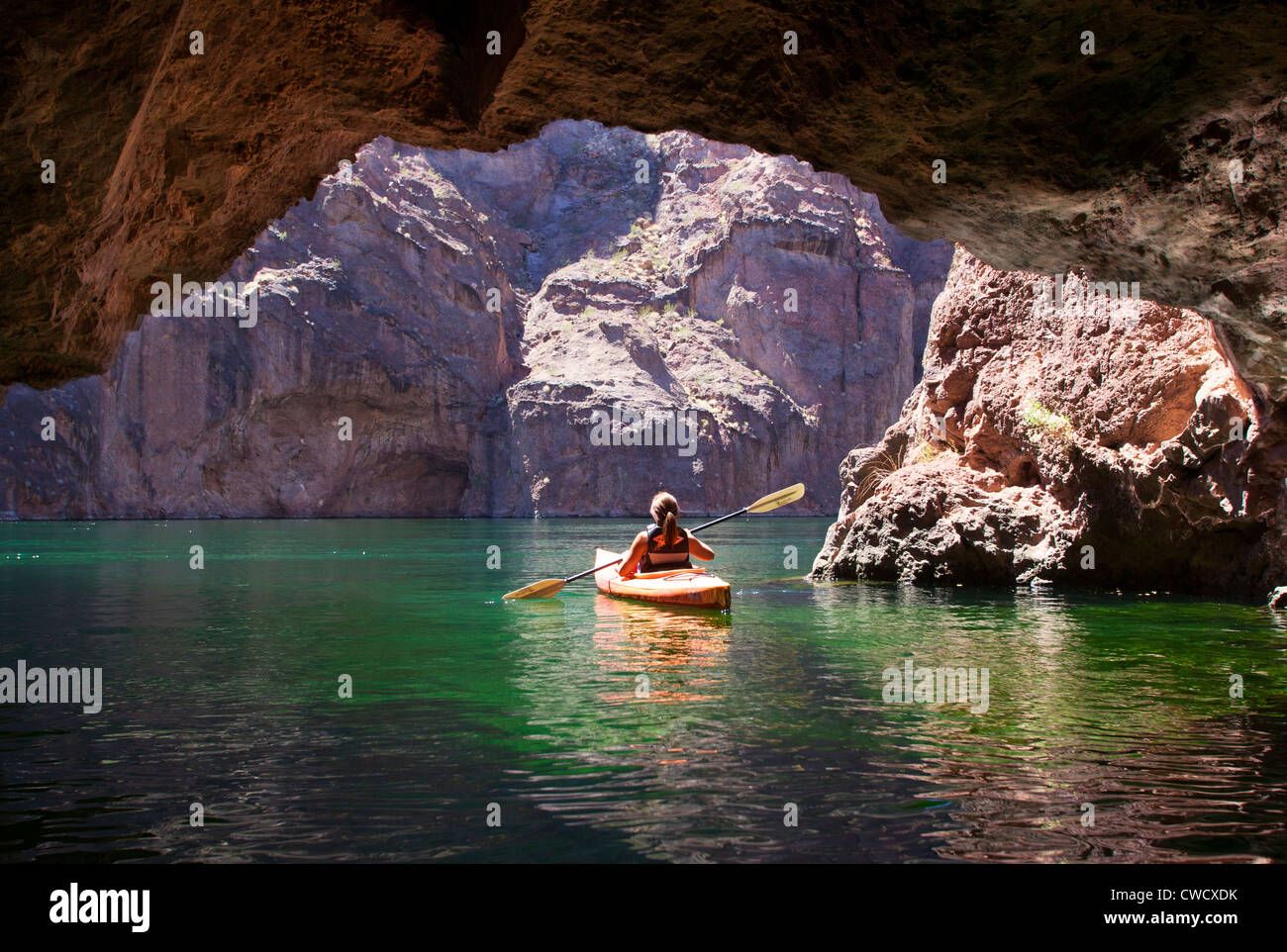 Kayaking on the Colorado River, Lake Mead National Recreation Area, near Las Vegas, Nevada. (model released) Stock Photo