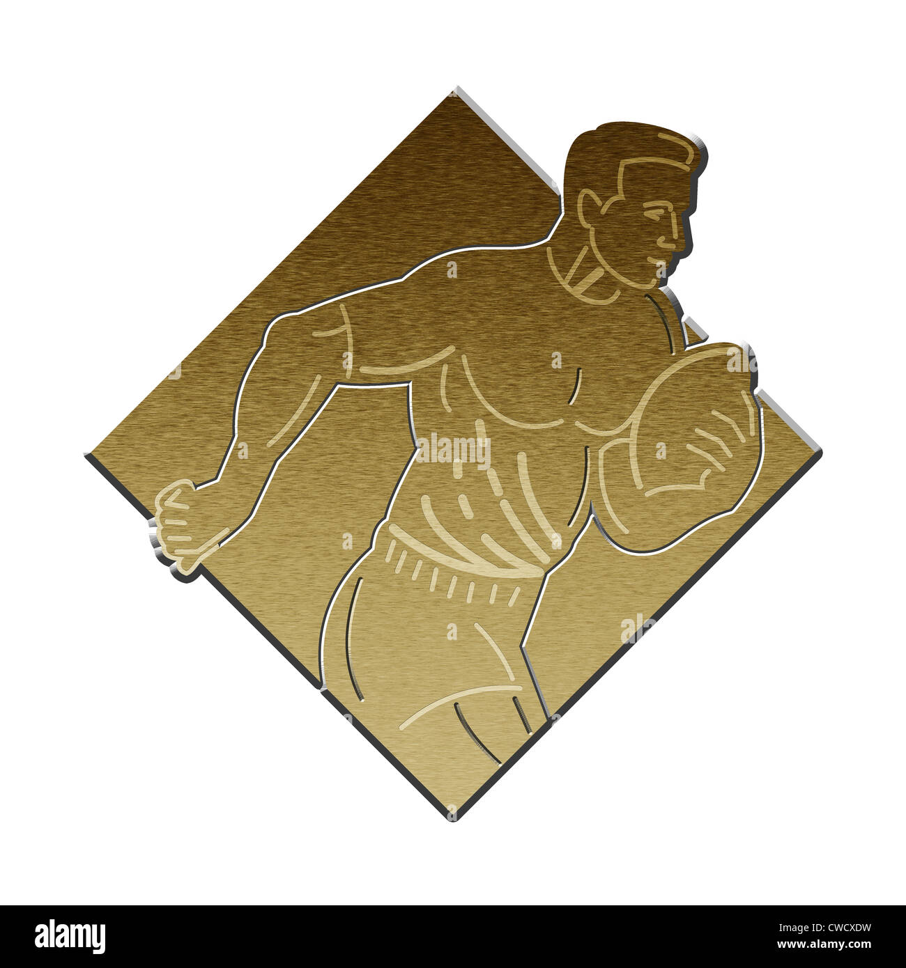 illustration of a rugby player running passing the ball on isolated background done in metallic gold style. Stock Photo