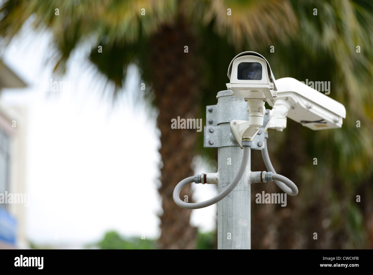security camera on the pole next to the building Stock Photo