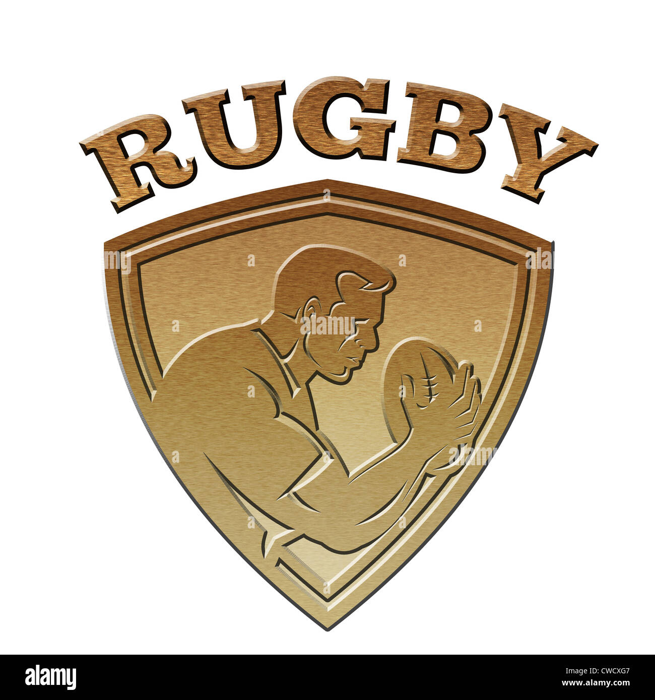 illustration of a rugby player running passing the ball on isolated background done in metallic gold style set inside shield Stock Photo