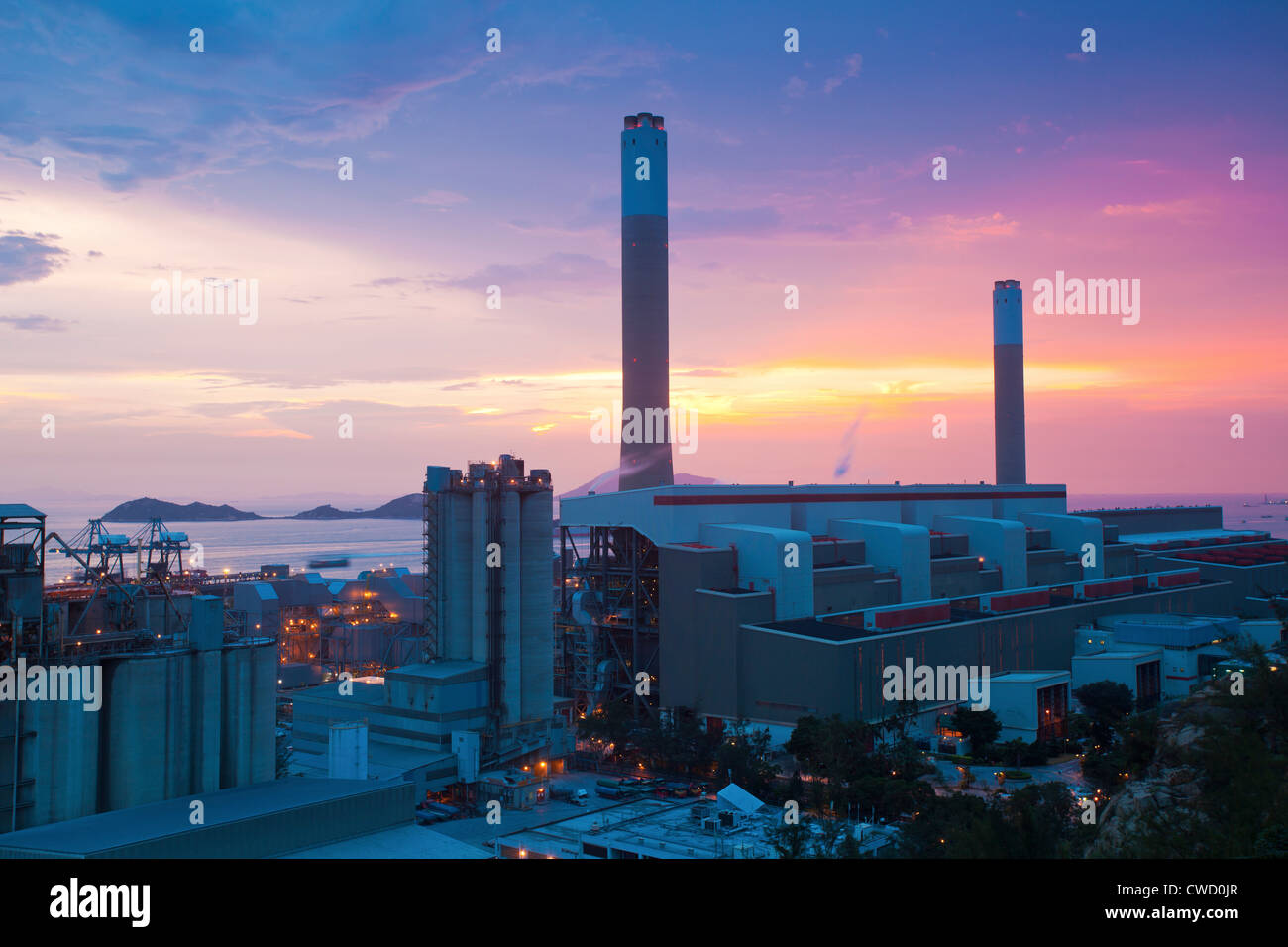 Power plants in Hong Kong at sunset Stock Photo