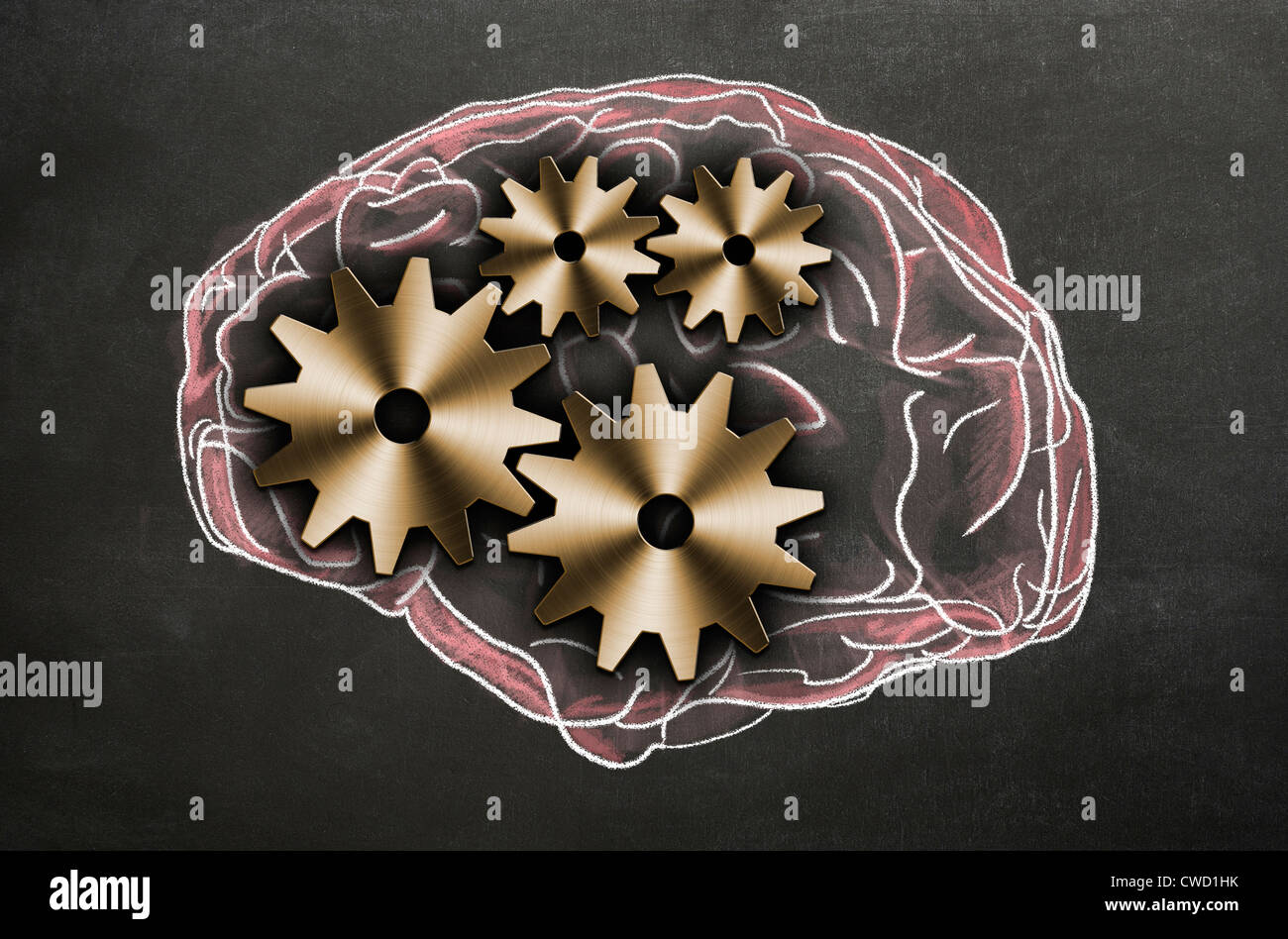 Chalk illustration of the human brain with cogs and gears representing the inner workings. Concept image Stock Photo