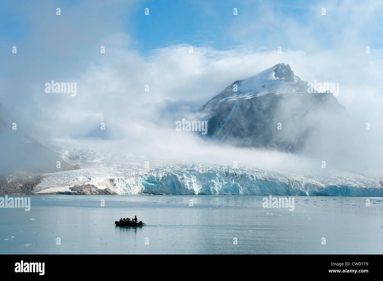 Zodiac cruise at Smeerenburg Glacier, Spitsbergen, Svalbard, Arctic Stock Photo