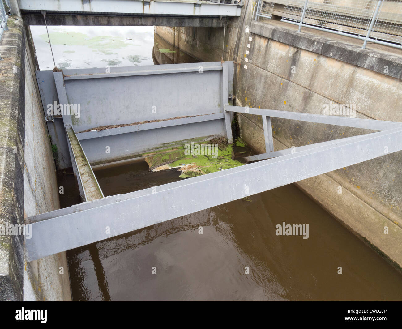 Sluice gate in the Trews Weir flood defence system Exeter England Stock Photo